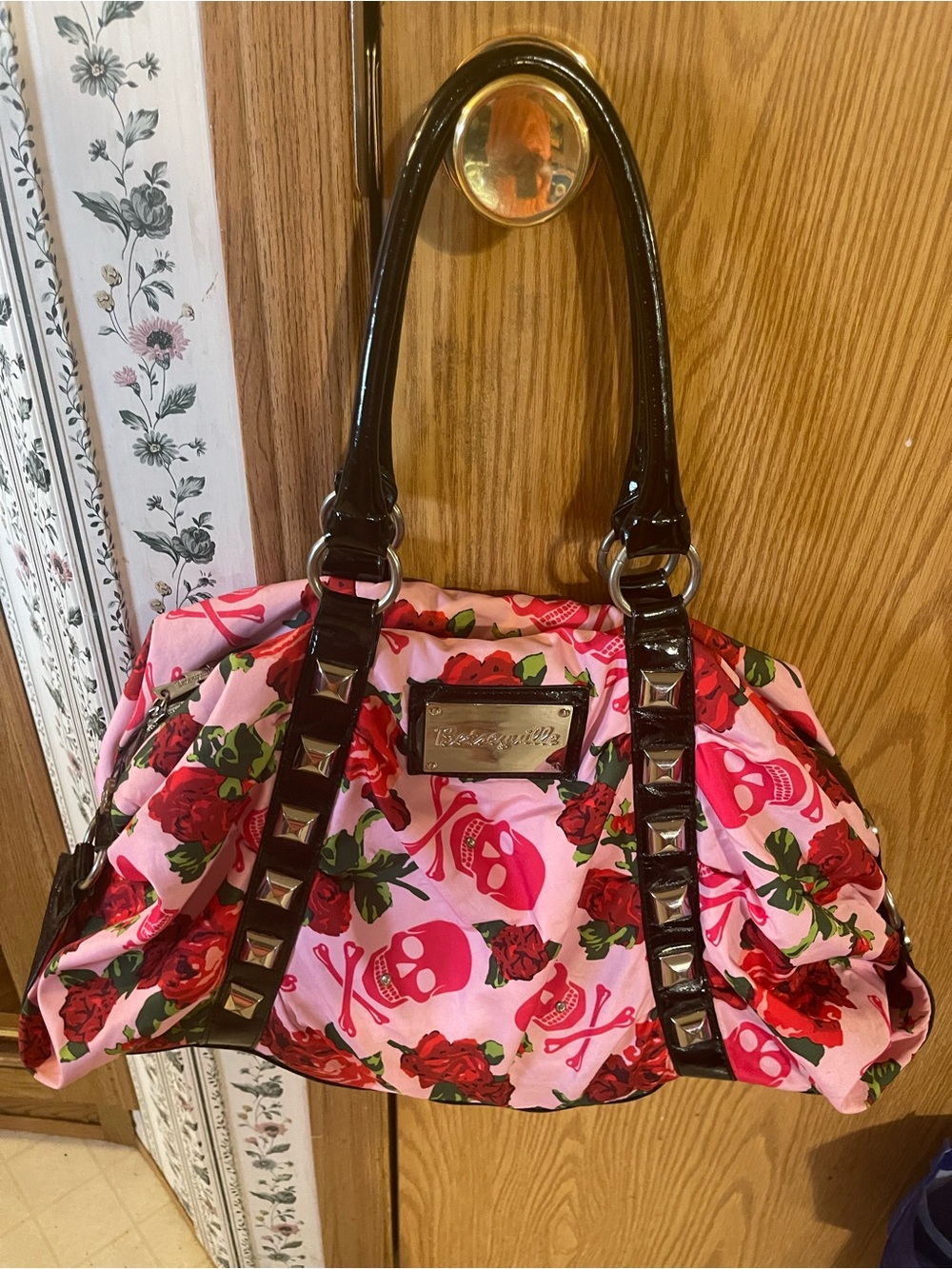 Pink Floral & Skull Satchel Handbag with Brown Patent Trim